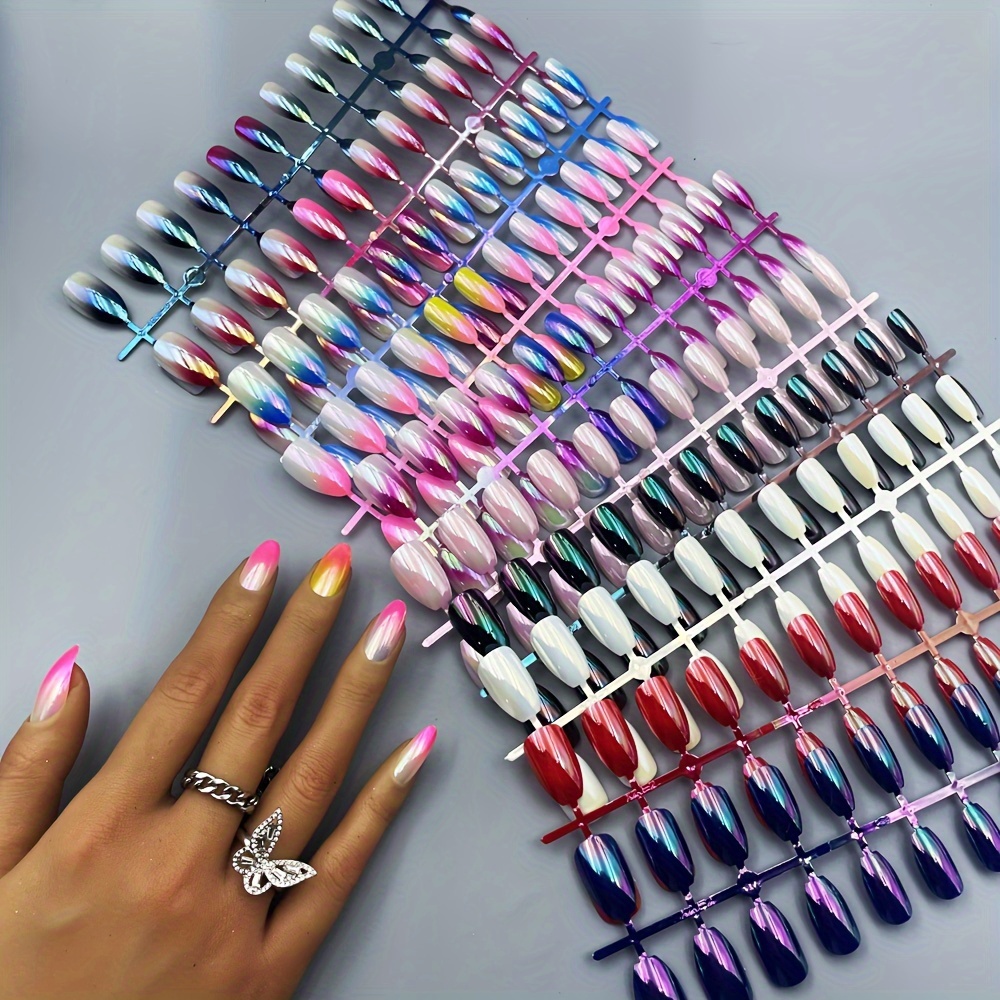 

Almond Shaped Short Nail Forms - Mixed Color System, Pure Gradient Strobe Finishes - Fashion Aurora Ballet T-shape False Nails Set