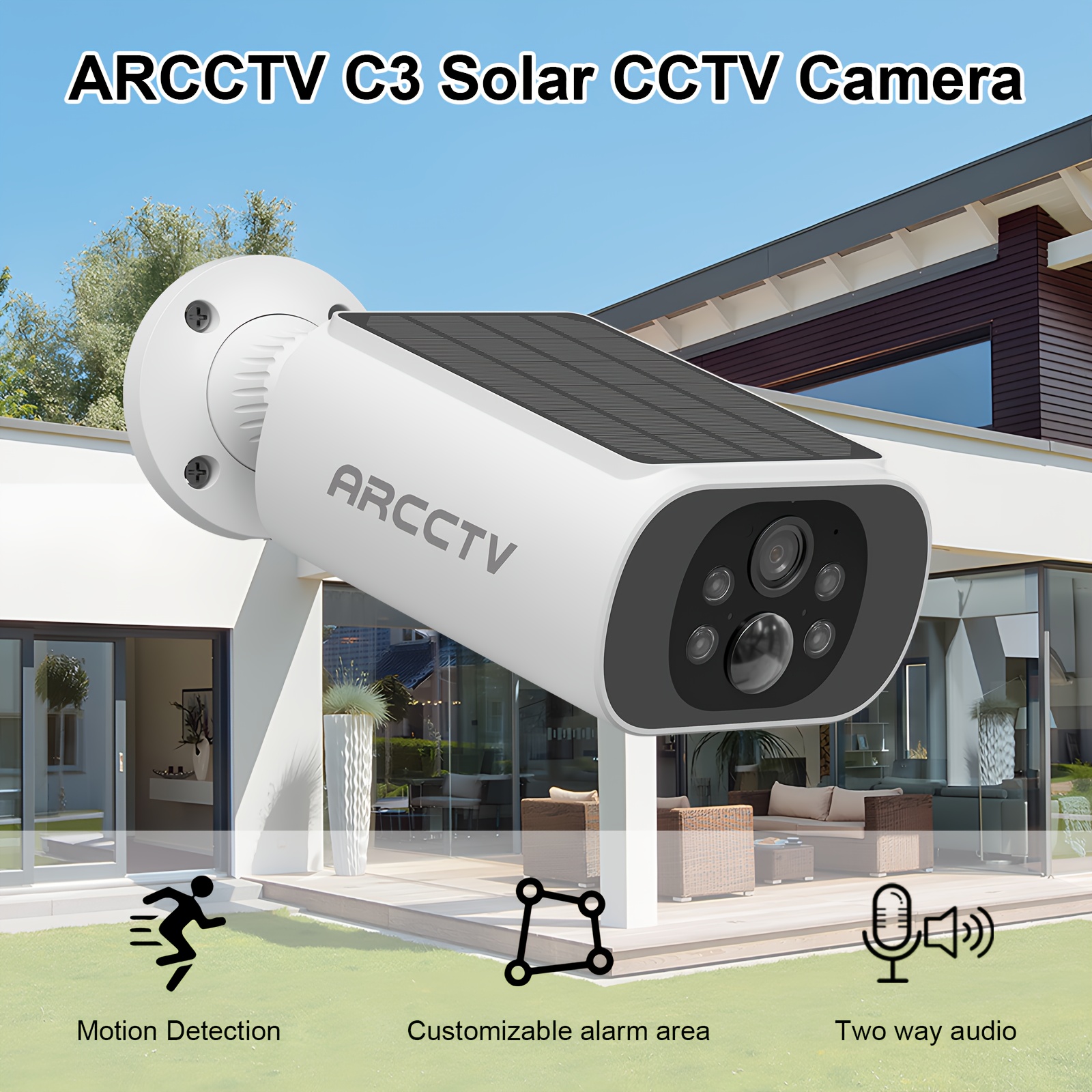 TEMU Security Camera, Night Vision, Outdoor Solar-powered Wireless Battery Camera Systems, Spotlight & Siren Alarm, 2-way Audio, Pir/ Detection, ,