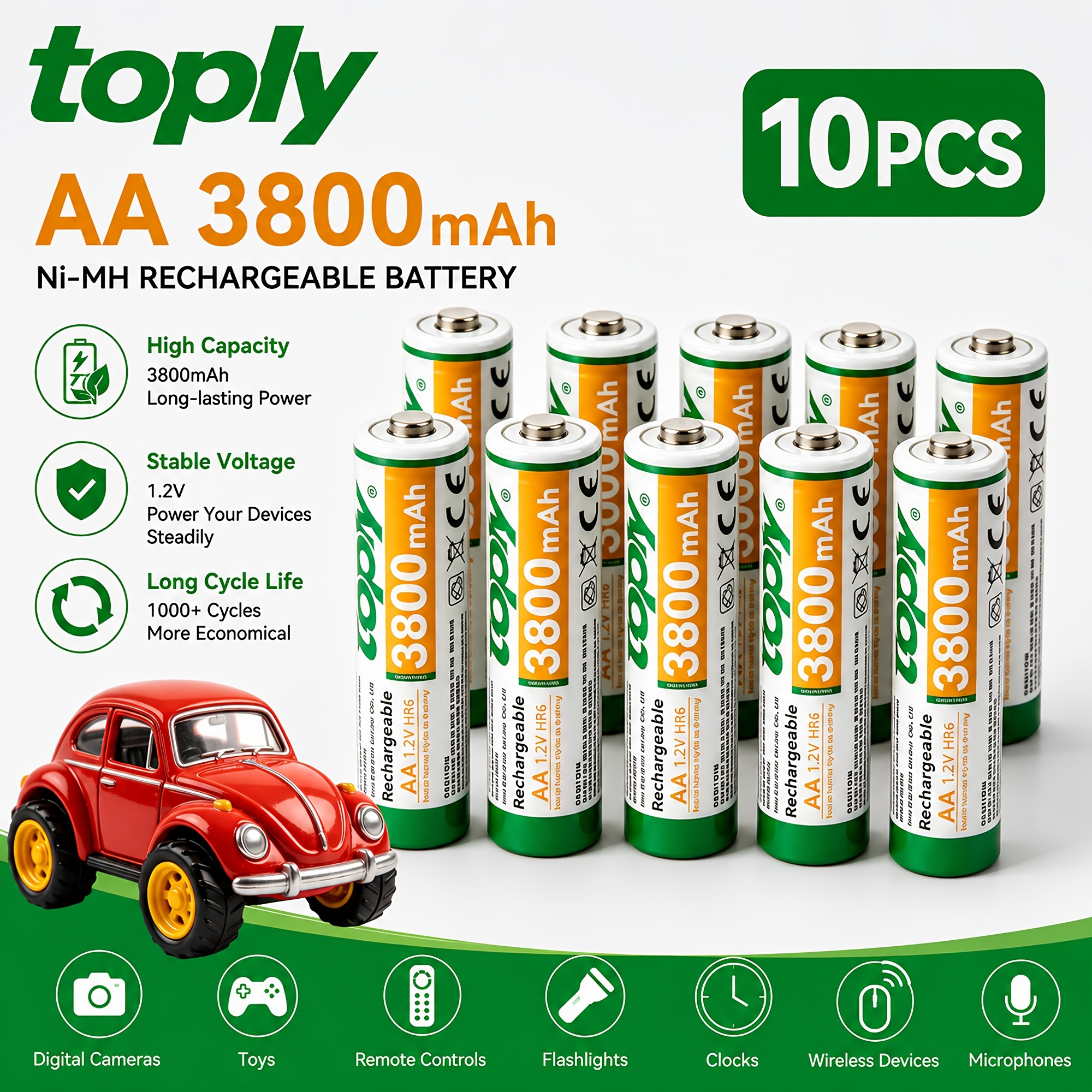 TEMU Toply Ni-mh Aa Rechargeable Batteries 3800mah, 20/10pcs Long Cycle Life Battery For Daily Use