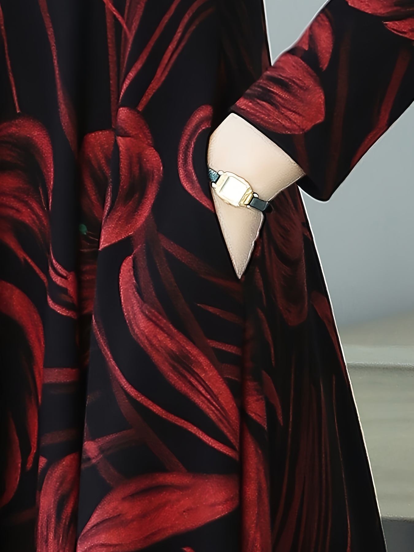 Red floral print maxi dress with ruched waist A line silhouette model wearing dress