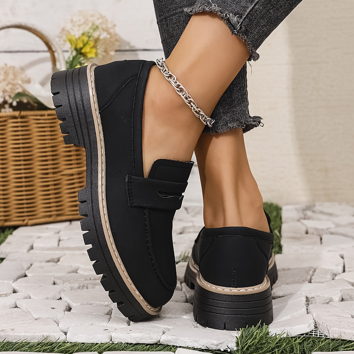 casual footwear versatile black pu cover slip on loafers for women comfortable stylish with thick sole breathable casual shoes round toe design   wear cute shoes 1