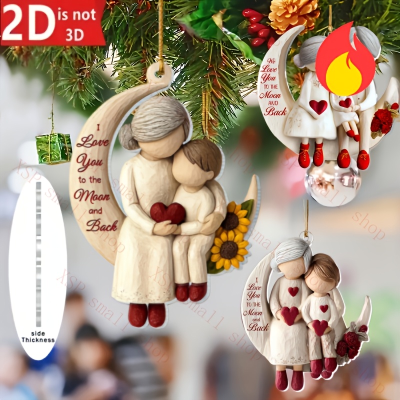 TEMU 2d Flat, 2-d , 3pcs Set Acrylic Grandparent-grandchild Moon And Heart Ornaments – Gift, Christmas Tree Decoration With Hook, Keepsake In Memory