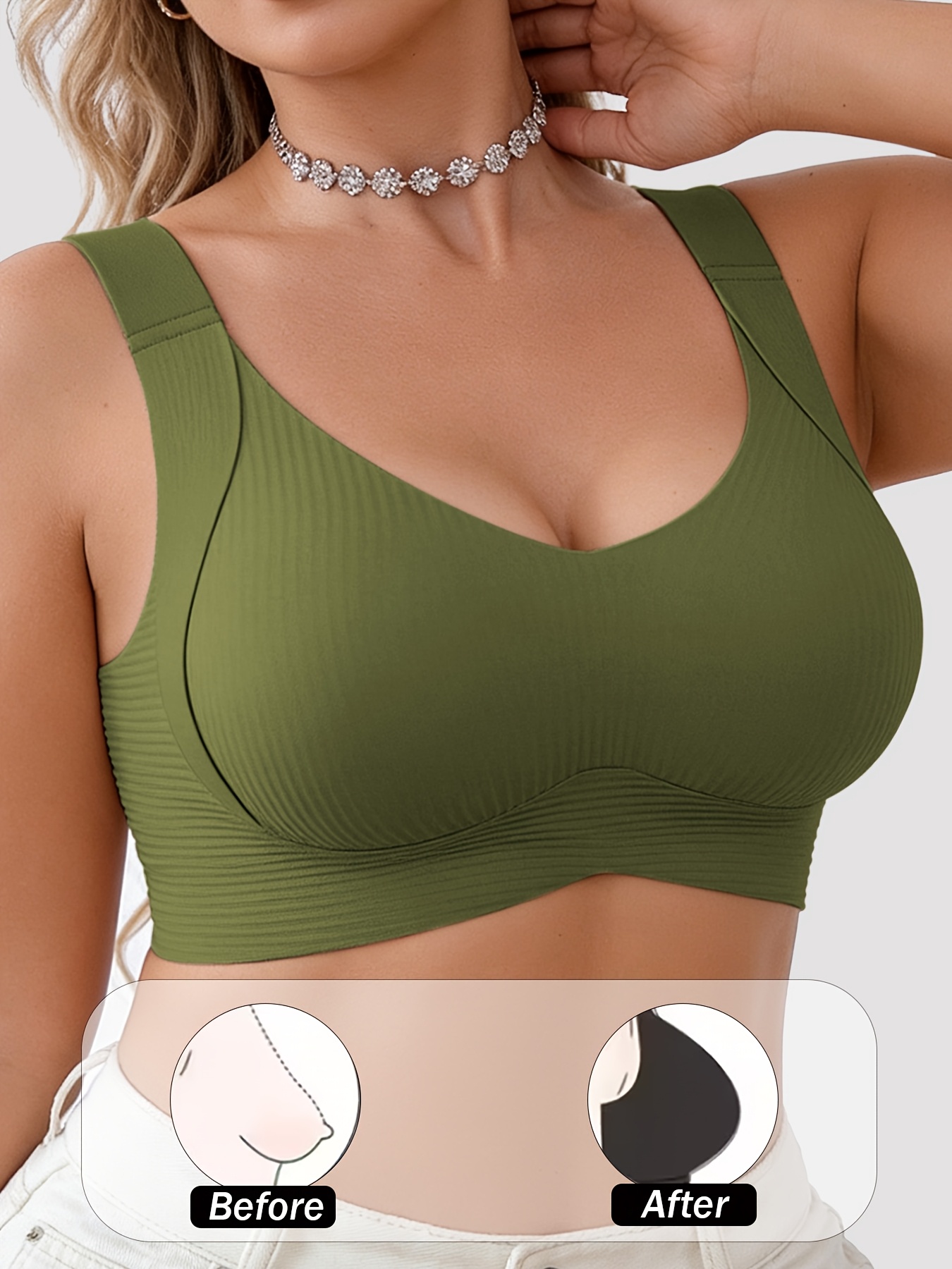imagen del artículo sostenes de talla   de soporte para mujer, disponibles en diseños   y multicolores; sostenes antiflaccidez, ajustables, transpirables, sin costuras y sin aros con tirantes de   extraíbles, acolchados y de   soporte. disponibles en una variedad  , hechos de tela elástica que