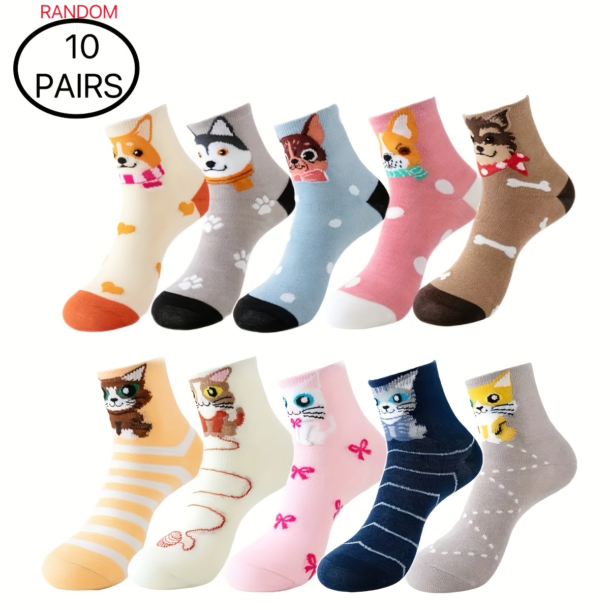 TEMU 10 Pairs Of Random Style Pattern Straight Board Cute Cartoon Puppy Cat Heart-shaped Bow Polka Dot Striped Print Comfortable Versatile Women's