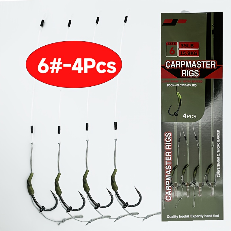 TEMU 4pcs Carp Fishing Rig Hooks, High Carbon Steel Rig With Hair Rig And Boom, 35lb/15.9kg Quick Change Carp Hooks Set Sizes 2 4 6, Carp Fishing