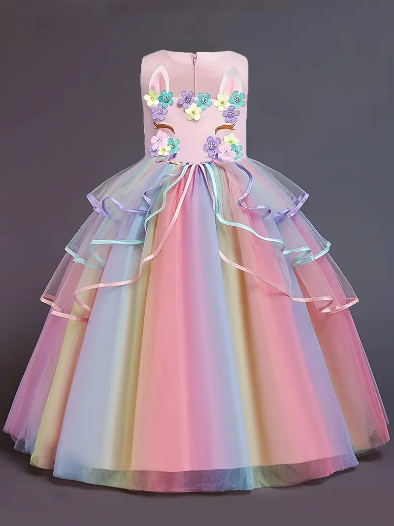 unicorn birthday dress in pakistan Long Tail Unicorn Birthday Pageant Dress with Headband, Rainbow Tulle Gown