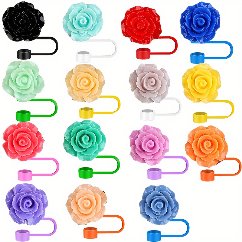 

15-piece Colorful Resin Rose Straw Covers - Reusable, Dustproof & Splash-proof For 8mm Straws - Perfect For Parties & Events Straw Covers For Reusable Straws