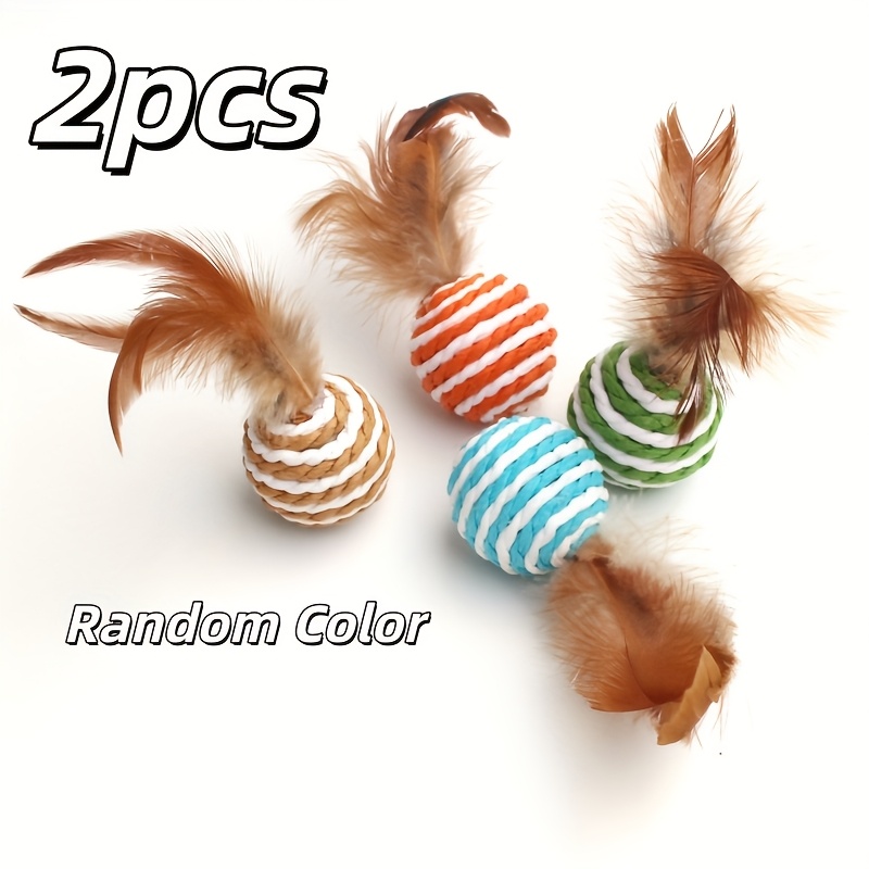 2pcs Dual-color Squeaky Feather Paper Rope Ball, Cat Toy For Chewing, Claw Sharpening, And Self-entertainment, Random Color, Artificial Feather, Battery-free, Pet Supplies