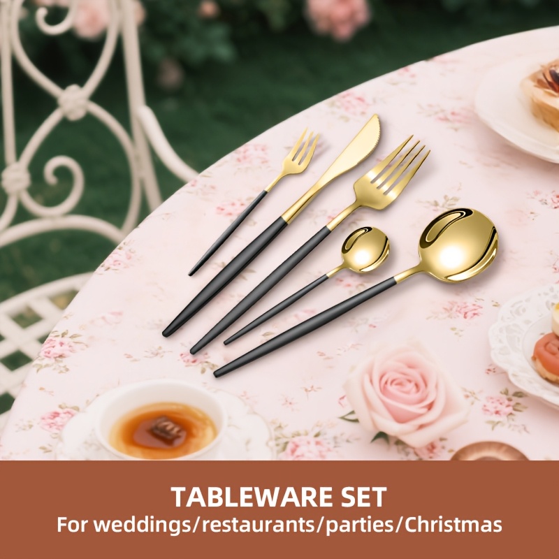 24 30pcs portuguese stainless steel cutlery set 6 person high end   polished tableware with steak knife salad fork dessert spoon dishwasher safe rust resistant suitable for   party recommended christmas gift black golden tableware set Product details 3