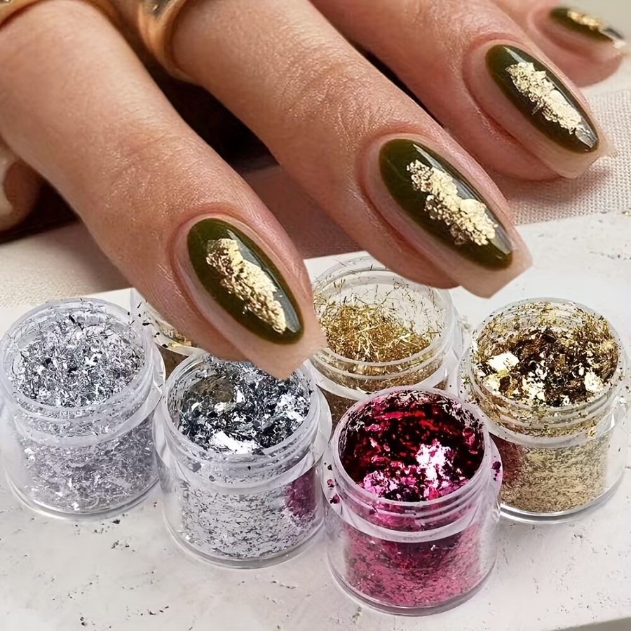 

6-pack Glitter Nail Foil Flakes, Golden And Silvery Leaf Paper Nail Art Sequins, Diy Manicure Decorations For Gel Nail Polish, Salon Home Use, Sparkling Metallic Nail Design Accessories