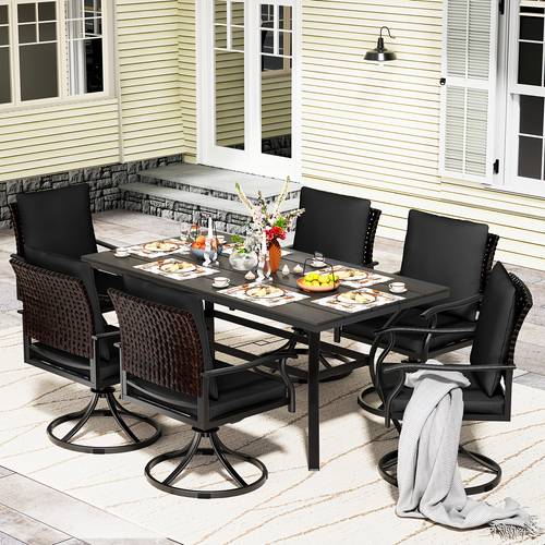 7pcs outdoor patio dining set with 6 swivel dining chairs 1 large round dining table bistro furniture set for lawn garden deck backyard and porch