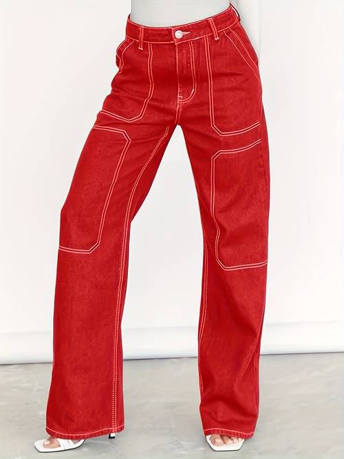 womens non stretch color white line geometry splicing big red jeans
