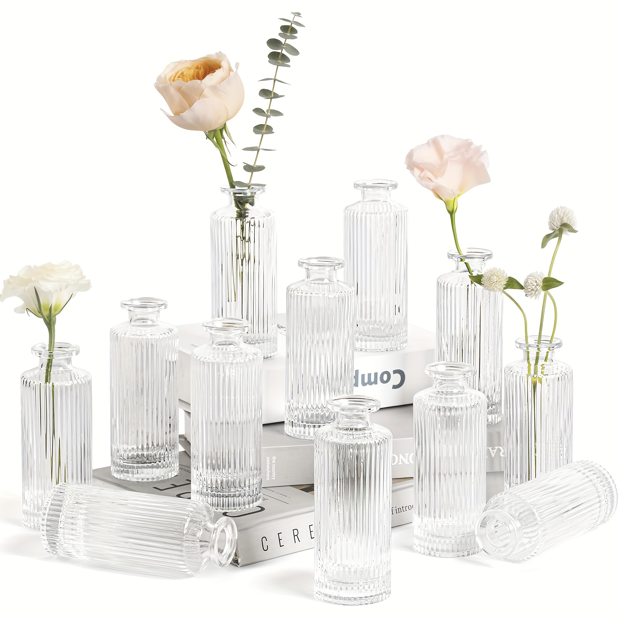 

Bohemian Chic 12-piece Transparent Striped Glass Vase Set - Elegant Mini Diamond-cut Bud Vases For Table Centerpieces, Perfect For Weddings & Home Decor