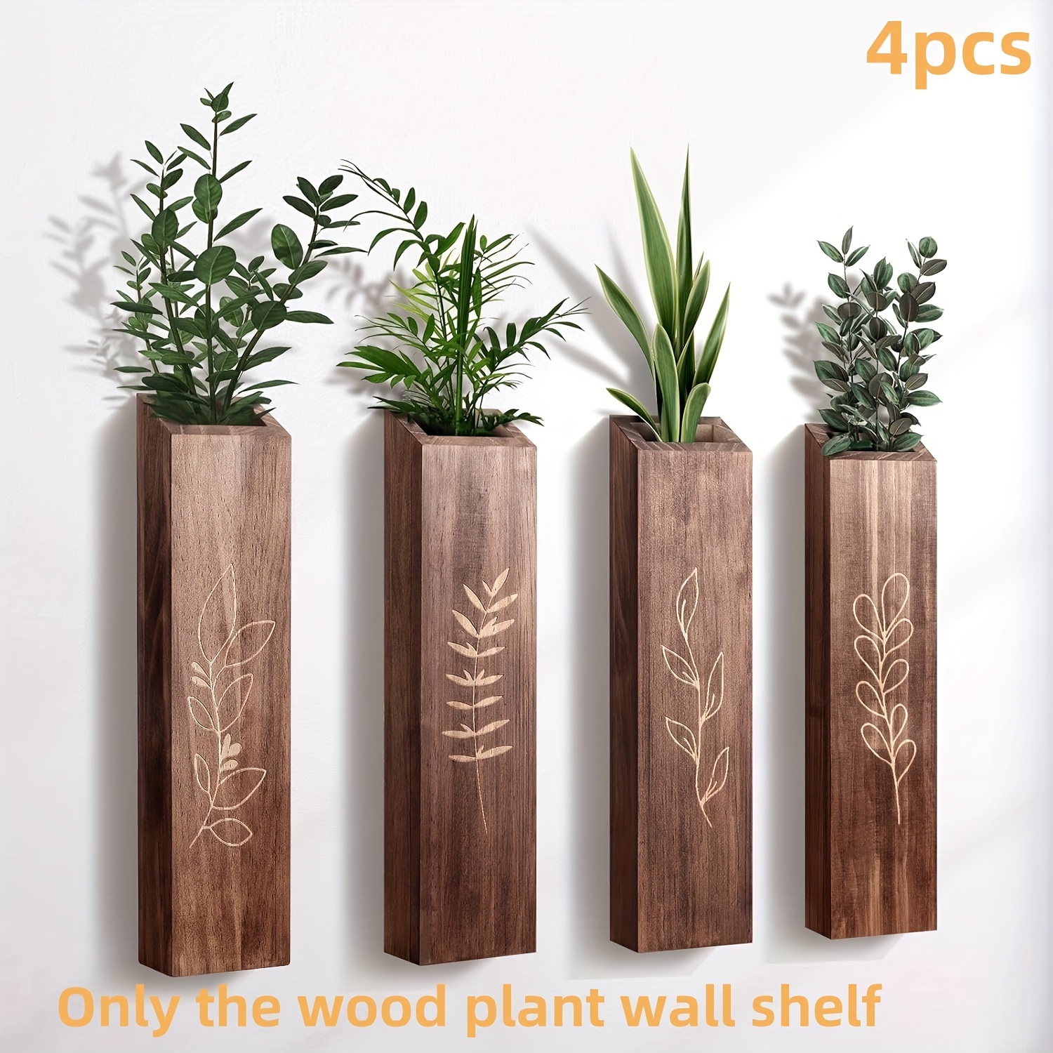 4pcs Rustic Wooden Wall Planters - Decor For Living Room & Bedroom, Ideal For Greenery & Dried Flowers, Rectangular Shape, No Battery Needed
