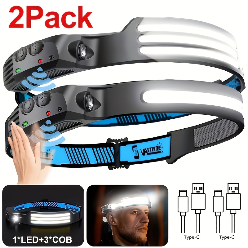 TEMU 2pcs Sensor-activated Led High- Headlamp Features A Cob Sensor, Type-c Charging, A 1200mah Battery, Ipx4, A 230° Wide-angle Lens, And 3 Lighting