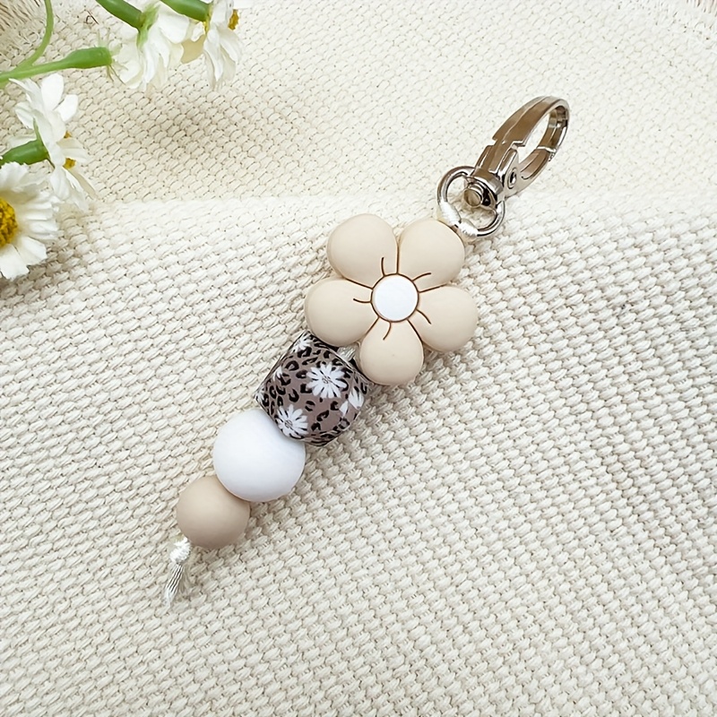 1pc Floral Silicone Leopard Print Daisy Print Beaded Keychain - Cute With & Brown Beads, Lobster Clasp, Durable Alloy, Perfect For Backpacks & Gifts