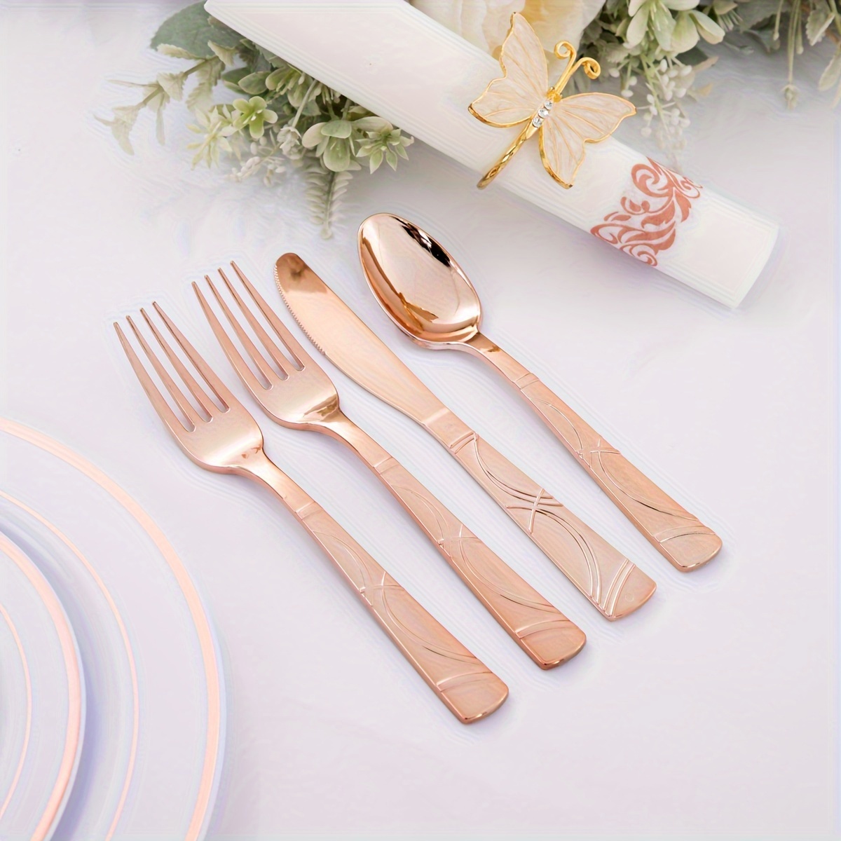 300 Pcs Rose Gold Plastic Silverware, Rose Gold Plastic Cutlery Set ...