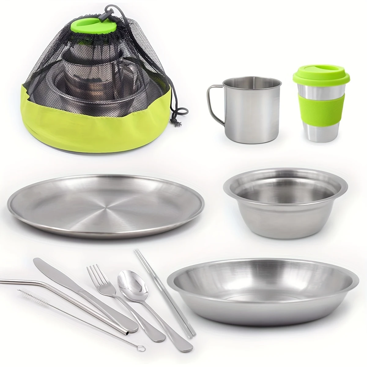 10pcs stainless steel camping cutlery set for 1 2 people cups plates bowls utensils with mesh carry bag backpacking hiking picnics rv trips details 0