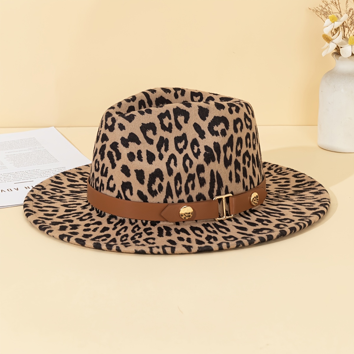 TEMU Chapeau en feutre à bord plat et imprimé léopard (accessoire amovible) avec un design minimaliste et élégant, idéal pour les activités de , les