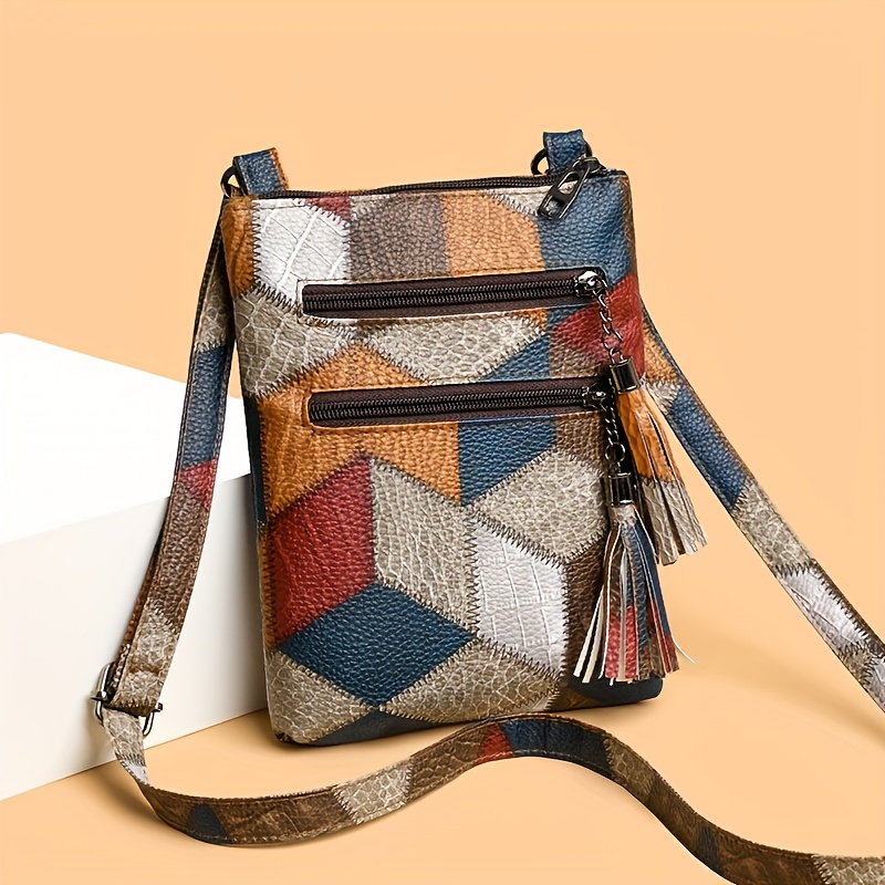 

Casual Faux Leather Crossbody Bag For Women - Mixed Color Plaid Pattern, Adjustable Strap, Lightweight, Zipper Closure, Polyester Lined, Versatile For Daily Commute, Work, Travel - Baigou Area Crafted