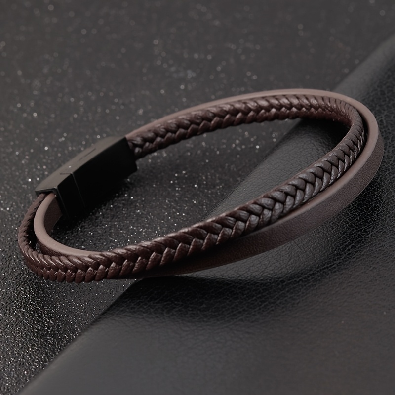 E-shop Doppellagiges gewebtes PU-Leder-Armreif-Armspangen-Armband für Herren | Minimalistisches Herren-Armreif-Armspangen-Armband mit feiner