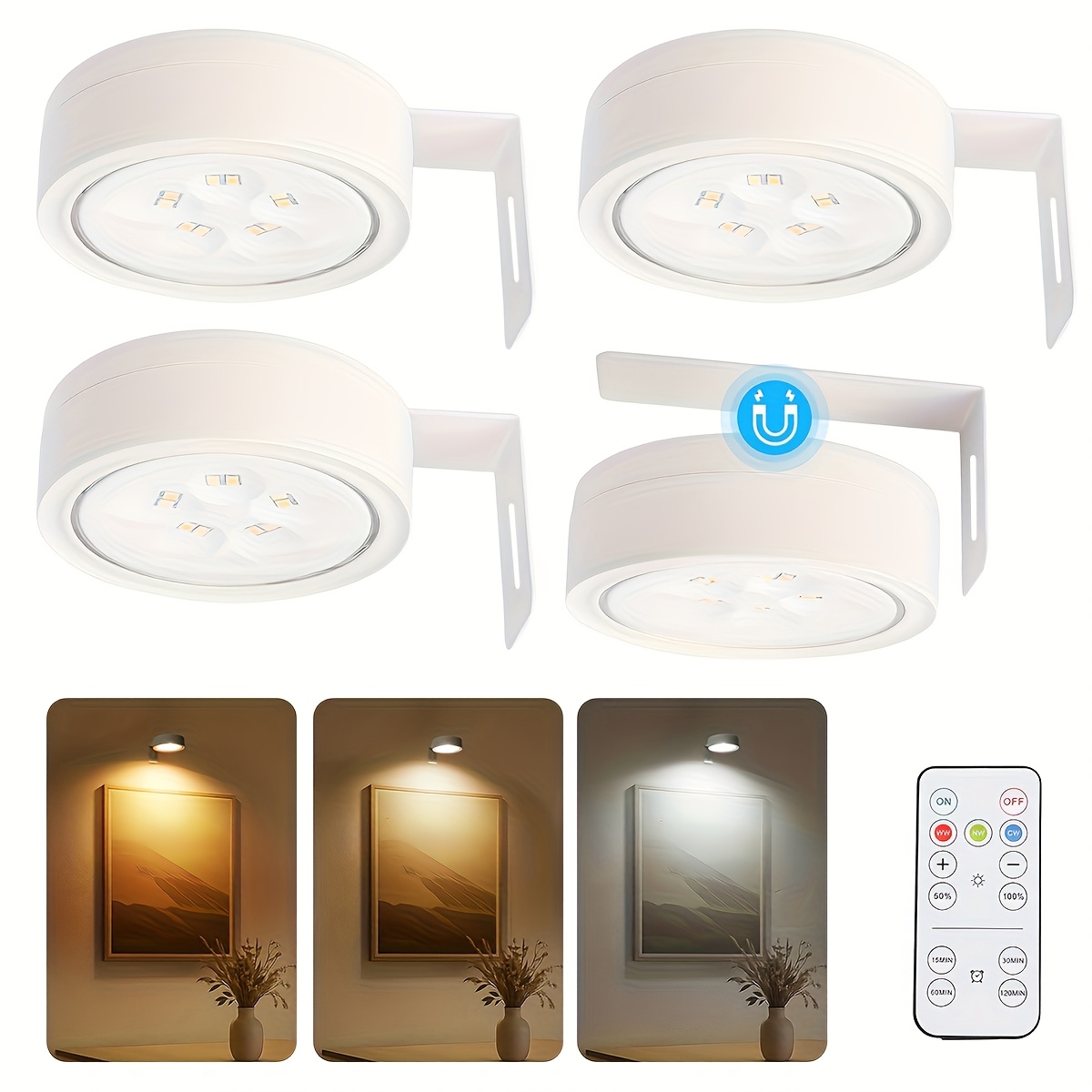 E-shop HOHTU 4er-Set 3*AA-Batteriebetriebene Dimmbare Magnetische Clip-Lichter, LED Wandmontierte Kunstbeleuchtung, 3 Beleuchtungsmodi Einstellbar,