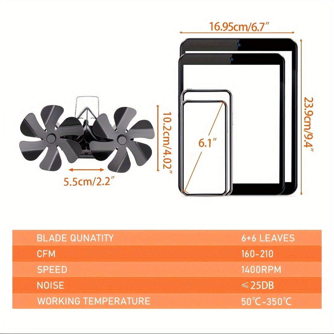 dual head 12 blade fireplace fan with thermometer non electric heat powered wood stove accessory for   air circulation details 5