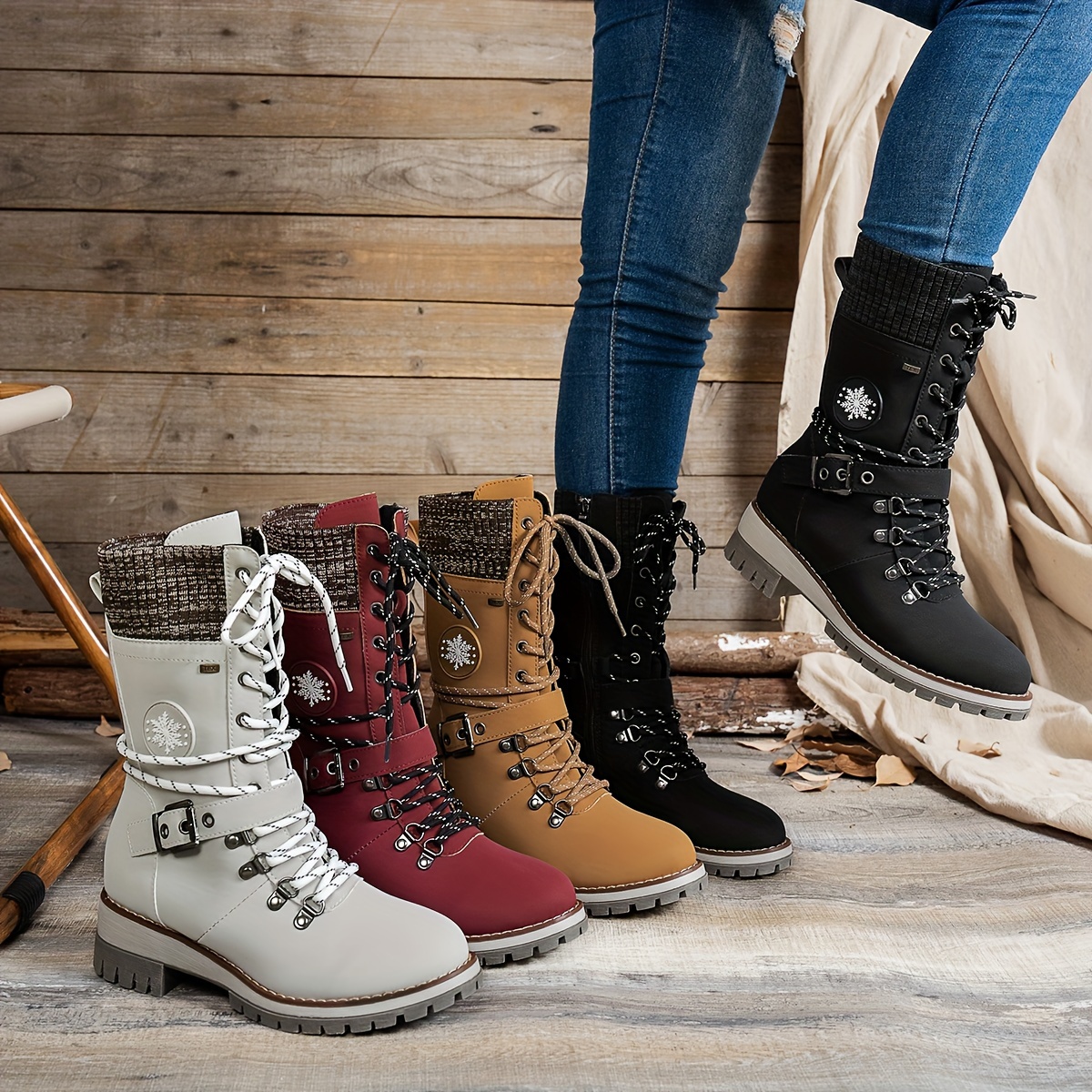 

Women's Mid-calf Boots - Casual Lace-up, Round Toe With Chunky Heel, Cover & Plush Lining For All , Mid-calf Boots