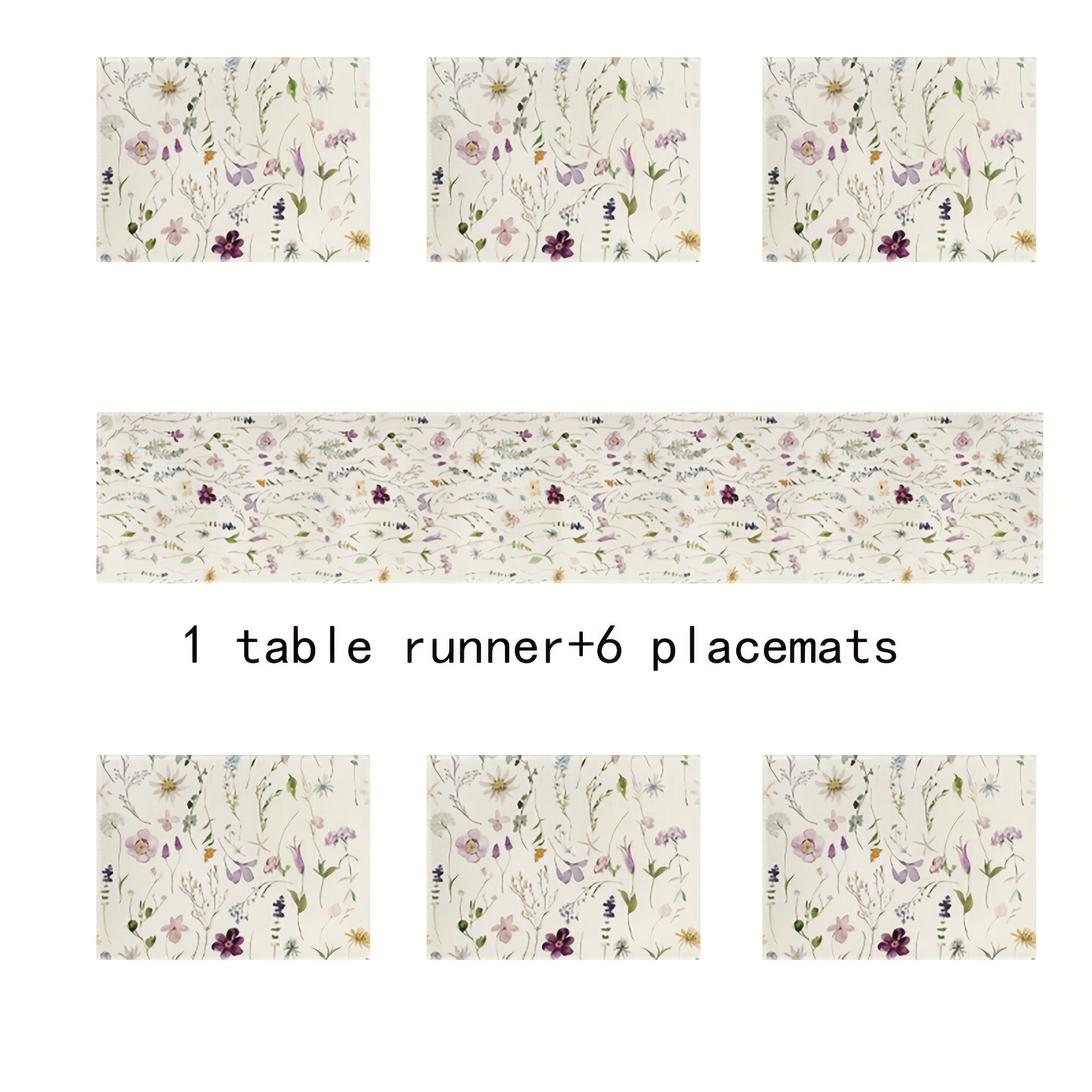 TEMU 5pcs/7pcs Watercolor Table & Tablecloth Set - Elegant Rectangular Placemats Dining Table, Indoor/outdoor Watercolor Floral Decor, For Hoot For