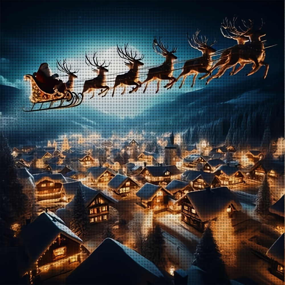 Frameless Cross-Stitch Printed Kit, Santa Claus Flying Over a Snowy Village