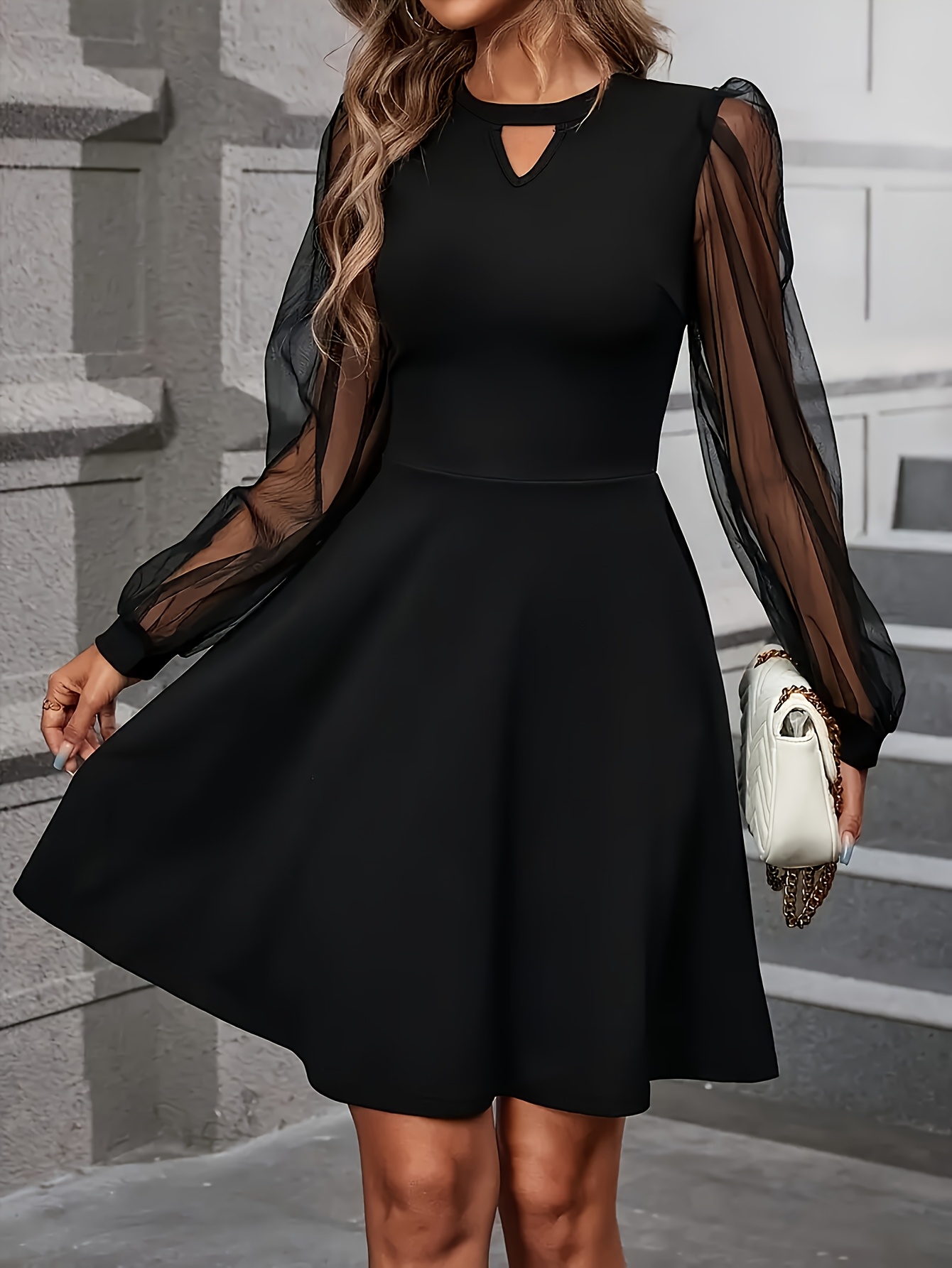 Fall Wedding Guest Black Dress For Fall Plus Size Simple Mesh Panel Long  Sleeve Short A Line Dress Temu