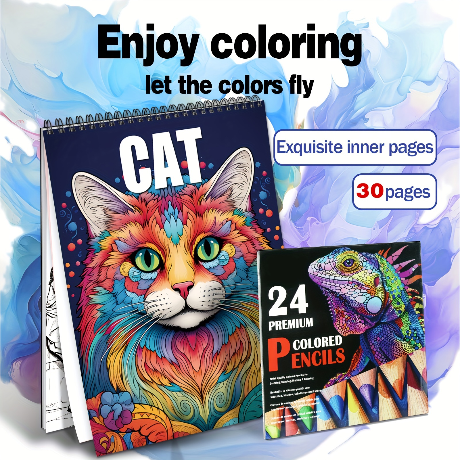 

Cat-themed Coloring Book With 24 Vibrant Pencils - Relax & Mood , Ideal For New Year's, Valentine's, Halloween, Easter, Color Lead