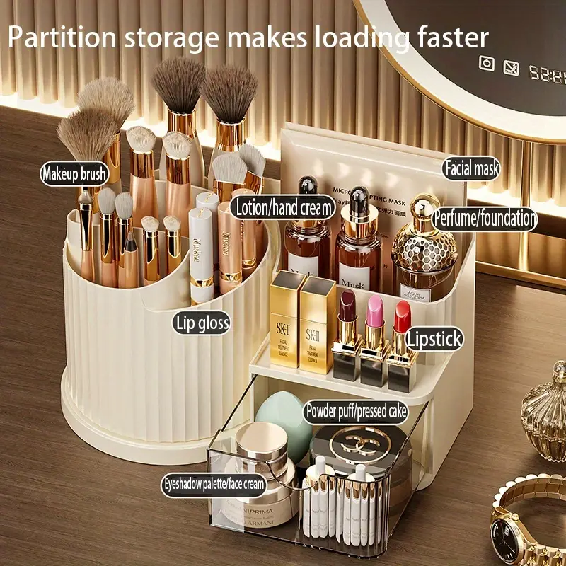 360 rotating makeup organizer with brush holder drawer makeup vanity organizer with brush storage lipstick office stationery space saving countertop organizer no power needed elegant bathroom desk durable plastic construction bathroom storage polished home organizers Product details 1