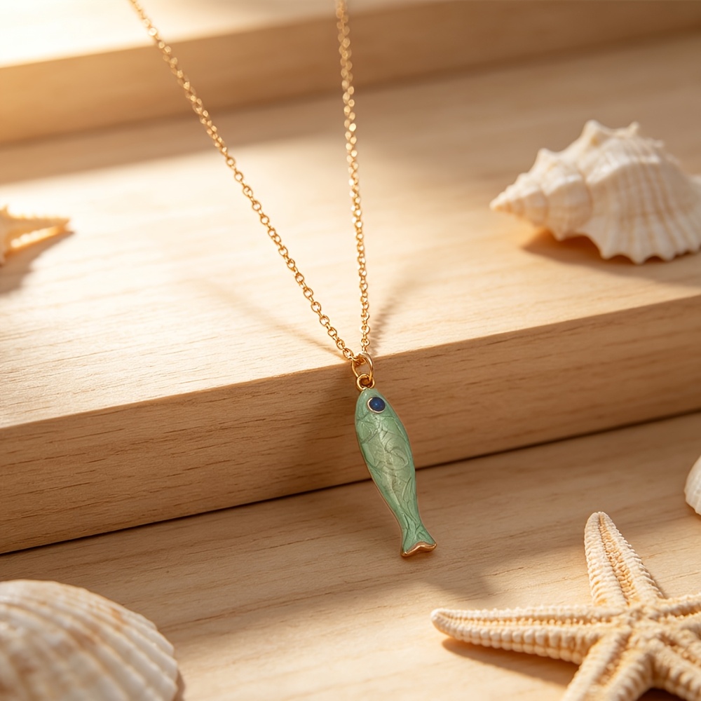 TEMU Collar de de aceite de pez koi, cadena de clavícula con colgante de pez pequeño de dos y verde, accesorio versátil para el diario