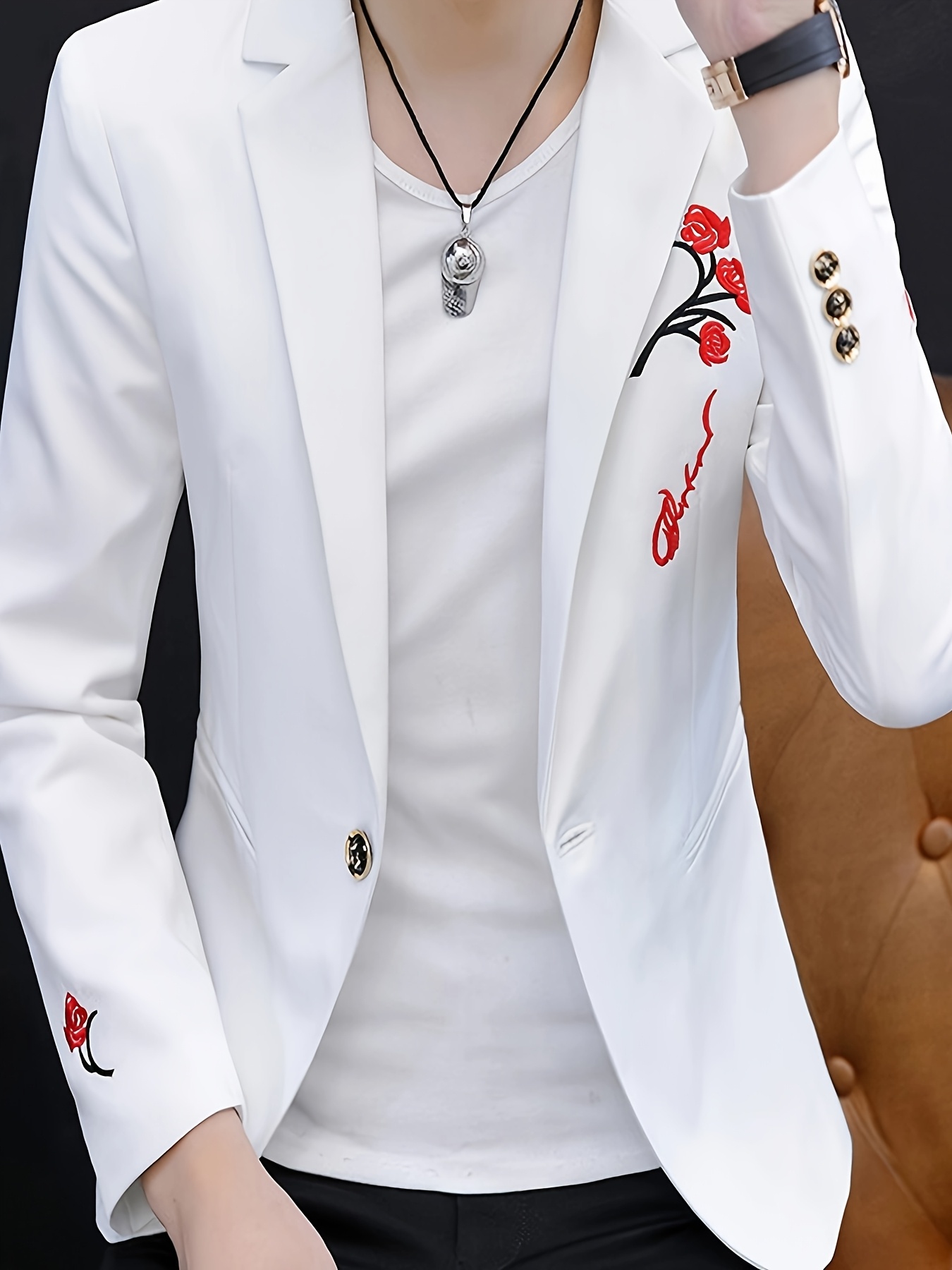 Men's Casual Slim-Fit Blazer | Polyester Suit Jacket with Floral Embroidery | Notched Lapel, Long Sleeves | Button Details | Ideal for Spring/Autumn | Dry Clean Only, Stylish Formal Attire | Notched Lapel Design | Smooth Texture Fabric