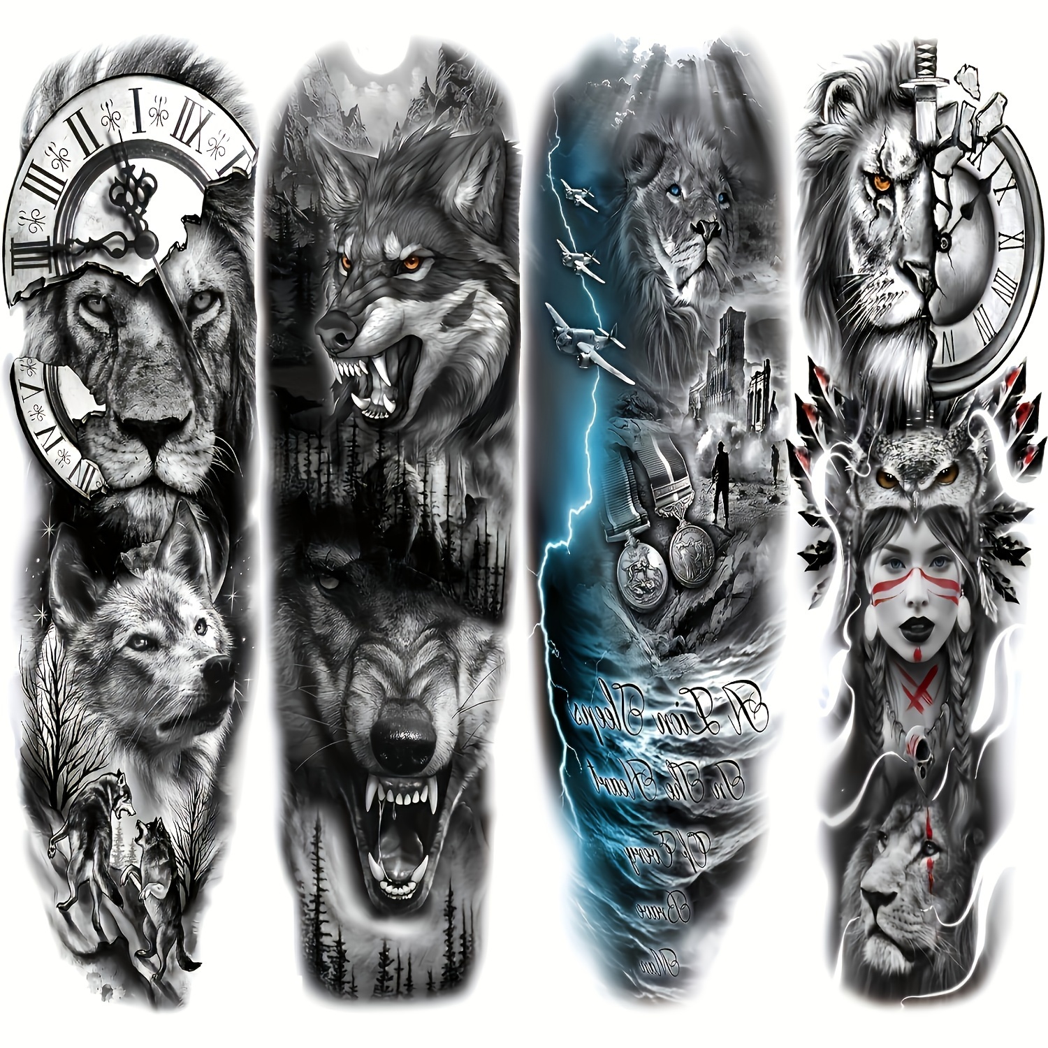 Image of 4-sheet Lion Wolf Temporary Tattoo Sleeve, Large Full Arm Animal Tribal Fake Tattoos Sleeve For Men Women Adult, Long Lasting Temp Tatoo Sticker Leg Body Art Makeup