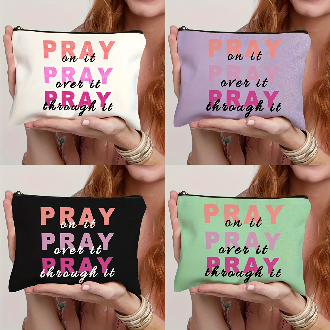 

1pc Inspirational "pray On It" Makeup Bag - Polyester, Non-waterproof, Travel Cosmetic Pouch For Women, Christian Gift, Ideal For Day And Birthdays, Makeup Travel Bag