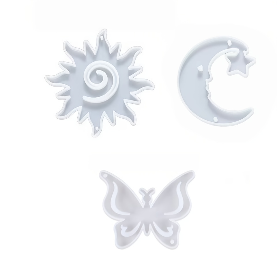 E-shop 3 Stück Stern Mond Schmetterling & Sonne Mond Epoxidharz Form - Rechteckiger Anhänger & Schlüsselanhänger Charm Maker mit Stern, Mond,