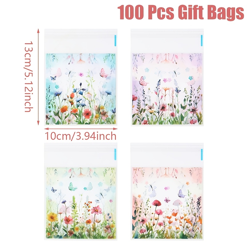 E-shop 50/100 Stück, Wildblumen Selbstklebende Beutel, 13 x 10 cm, Gemischter Stil Wildblumen Schmetterlingsmuster Geschenktüten, Happy Birthday Party