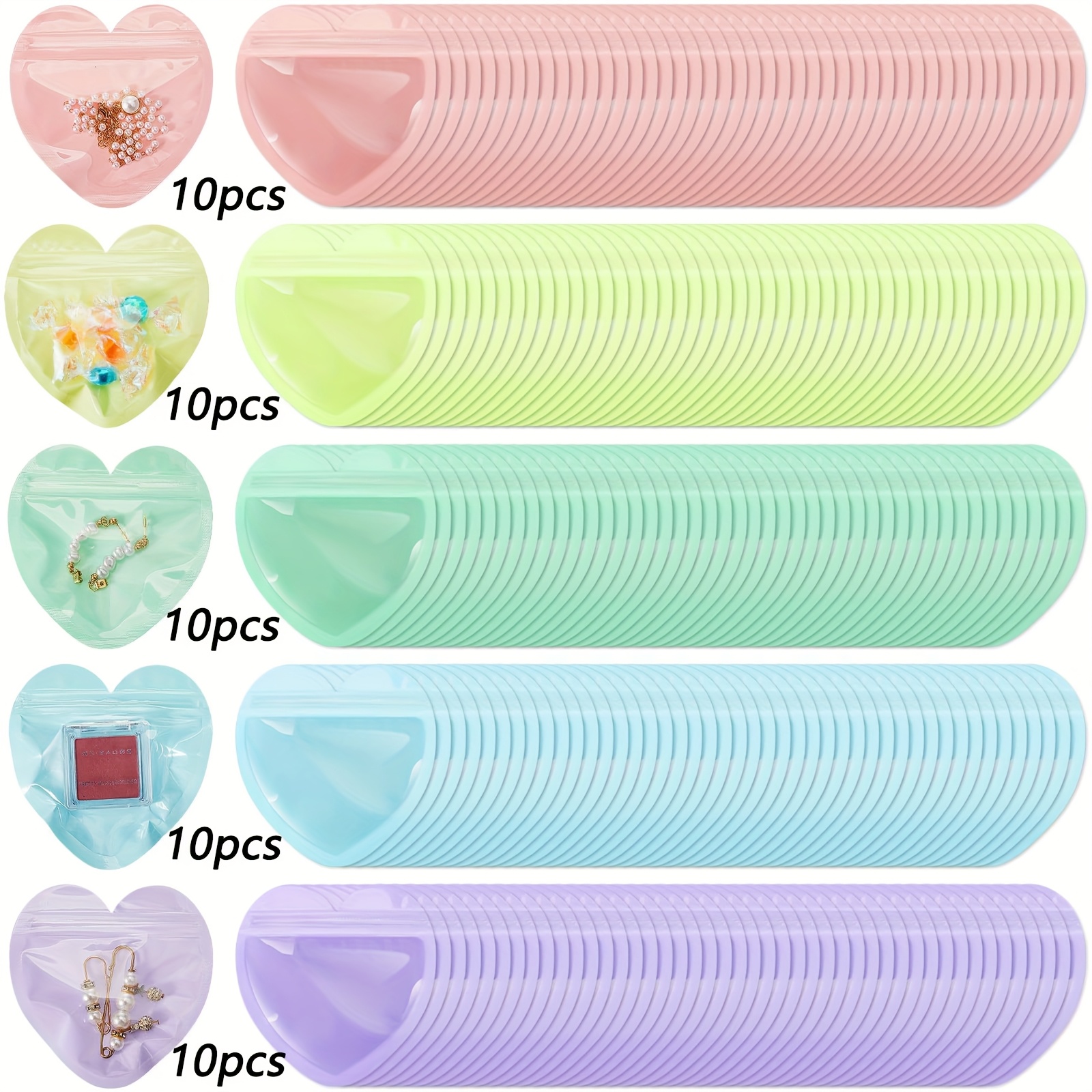 

50pcs Sacs à Bijoux en PVC en de Cœur Colorés - Mignonnes à Fermeture Éclair pour Bagues, Boucles d'Oreilles & Accessoires, Couleurs Pastel Assorties, pour le Rangement & , Présentoir de Bijoux