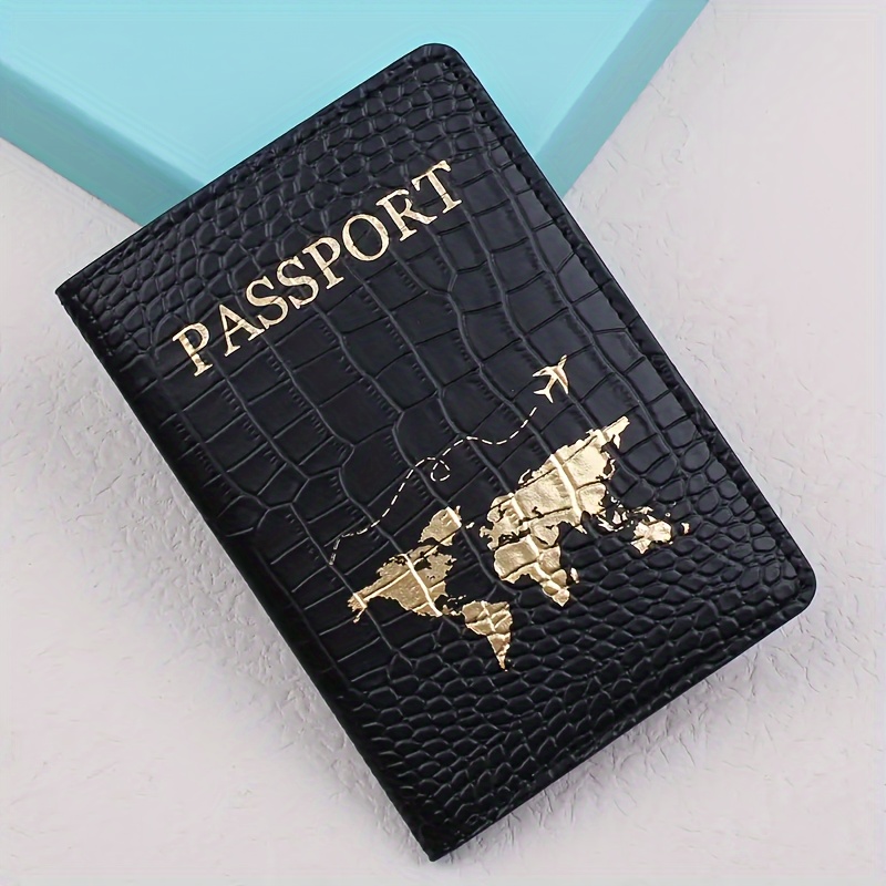 

Luxury Crocodile Pattern Pu Leather Passport Holder With Golden Foil World Map Design – Elegant Travel Accessory And Organizer