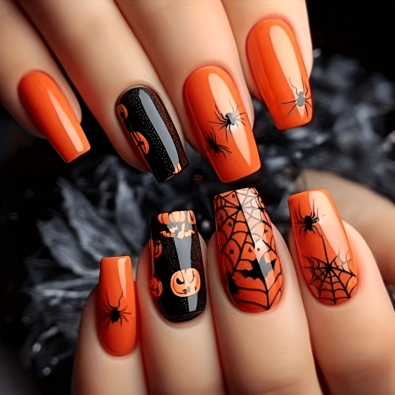 TEMU 24pcs Ongles Art Halloween Noirs Citrouille Portables, Orange Noir Araignée Embouts d'Ongles Détachables Faux Ongles
