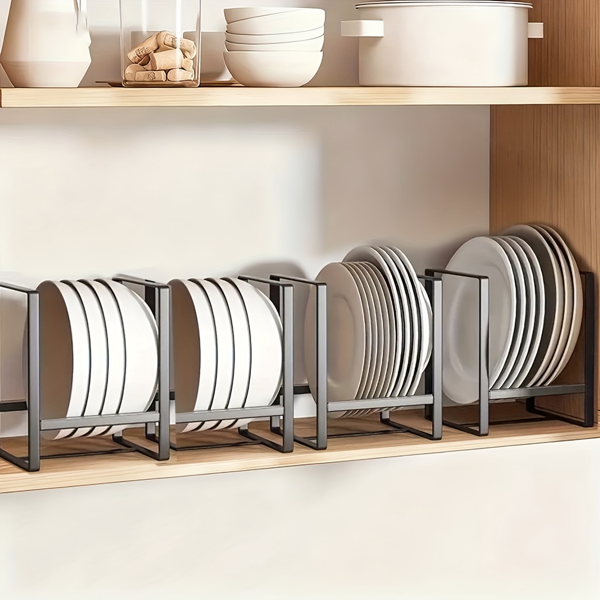 TEMU 4pcs Kitchen Dish Rack Set, Cabinet Plate Holder, Space-saving Draining Dish Rack With Integrated Drainage And Storage Design, Household Tableware Organizer, Black, 4 Large Size Pieces