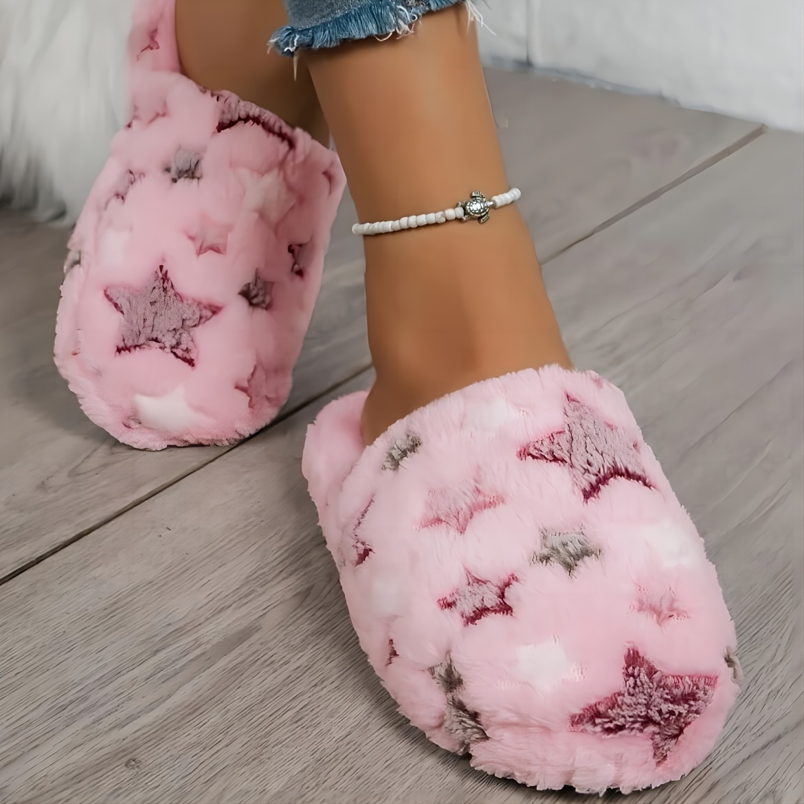 Women's Cozy Star Patterned Plush Slippers, Colorful Plush Lined Home Footwear, Soft Indoor Warm Comfortable Fit