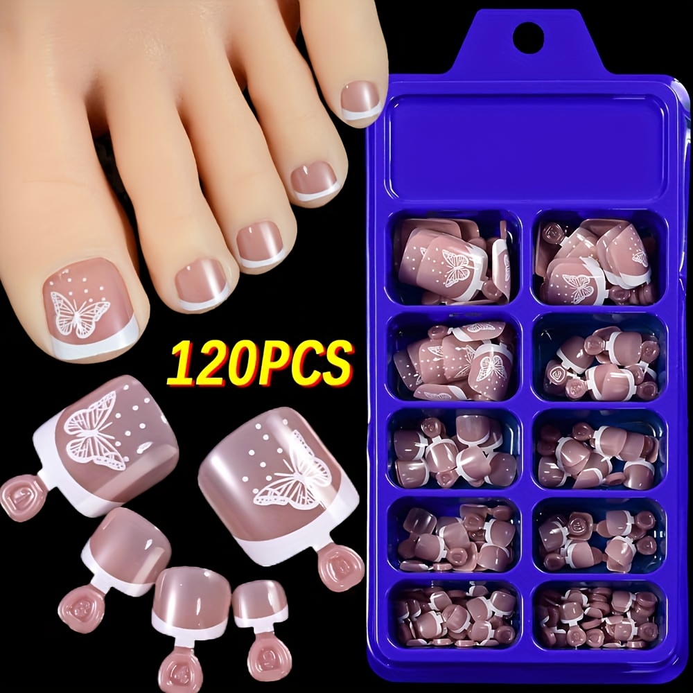 TEMU Set de 120 uñas postizas cuadradas cortas con estampado floral de mariposas - Uñas postizas de cobertura total en rosa nude, estilo francés ,