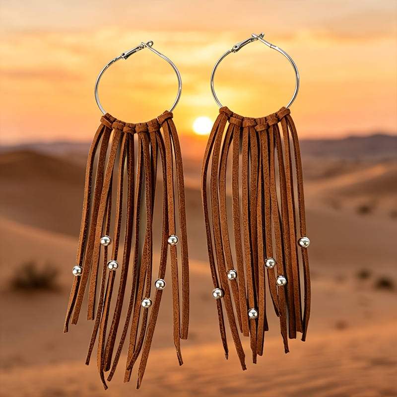 TEMU Long Edge Tassel Hoop Hand-woven Earrings, Silveryvintage Suede Lightweight Dangle Earrings, Bohemian Ethnic Fashion Women's Earrings