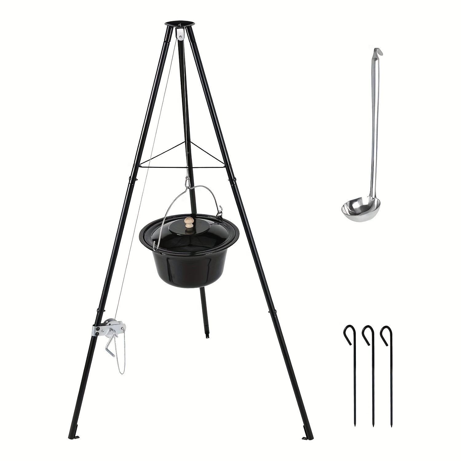 Image of 10l Kettle, Chain Furnace With Tripod And Spoon, Original Hungarian Kettle, Tripod Frame With Chain Height Adjustment, Pot Enamel, Telescopic Tripod With Ground Spikes For Picnics