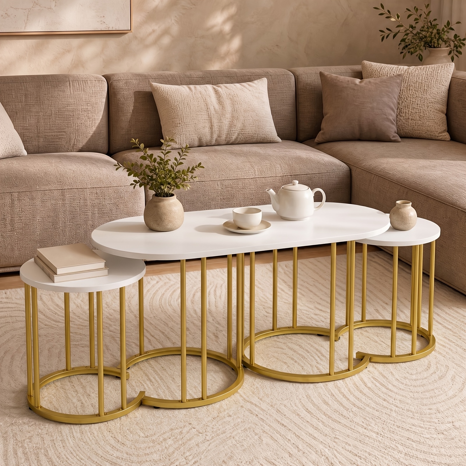 TEMU MAXMASS Ensemble de 3 tables basses à poser avec plateau en faux marbre et bureau en acier moulé à