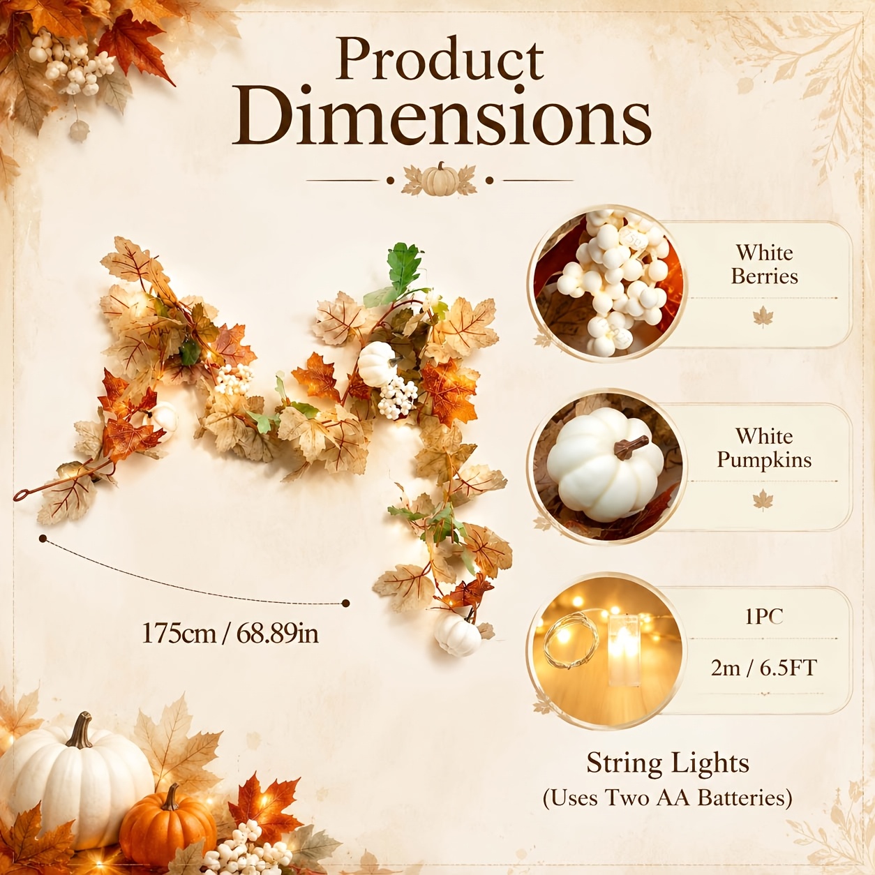 TEMU Couronne d'automne en érable de 1,73 m (5,7 pi) avec blanches et citrouilles, comprenant LED d'extérieur, parfaite pour la décoration intérieure