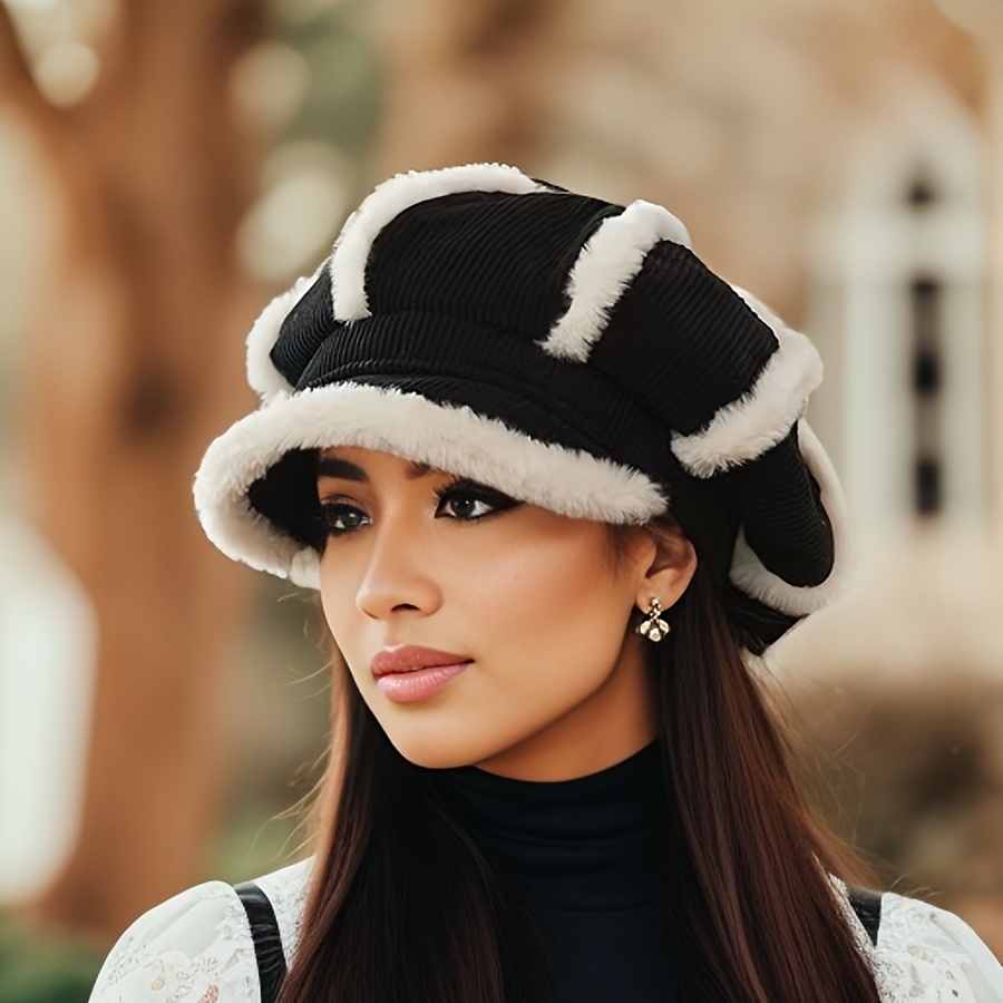 

Chic Plush-lined Corduroy Beret For Women - Cozy & Warm Cap, Autumn & Winter, For Winter, Autumn